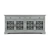 Koi 70 Inch Acacia Wood TV Media Entertainment Center Console, 4 Glass Doors, Crossed Wood Design, Dove Gray