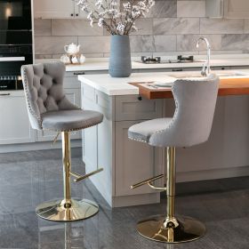 Furniture,Golden Swivel Velvet Barstools Adjusatble Seat Height from 25-33 Inch, Modern Upholstered Bar Stools with Backs Comfortable Tufted for Home (Color: GRAY)