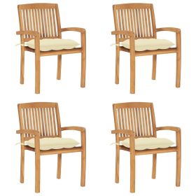 Stacking Patio Chairs with Cushions 4 pcs Solid Teak Wood (Color: Brown)